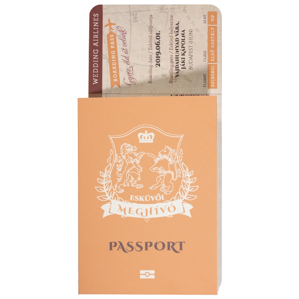 Passport &amp; Boarding Pass Peach esküvői meghívó
